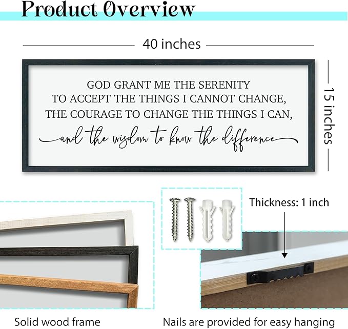ZZJJHYWGQ Bible Verse Wall Decor Serenity Prayer Inspirational Religious Art, 40''×15'' Rustic Christian God Grant Me Saying Horizontal Holy Catholic Scripture Sign for Living Room Large Wall Hanging (Black)