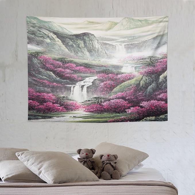 Japanese Tapestry, Red Plum Blossom Mountain, Nature Landscape, Bedroom Living Room Decor, 40"x30"