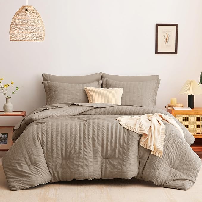 CozyLux Full Size Comforter Sets with Sheets Seersucker 7 Pieces Khaki Bed in a Bag Textured Luxury Soft Bedding Set with Down Alternative Comforter, Sheets, Pillowcases & Shams for All Seasons