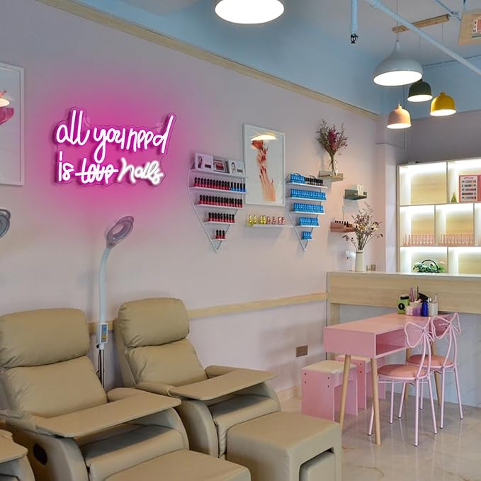 WLHOPE All You Need is Nails Neon Sign - Pink LED Signs with USB Connectivity for Bedroom, Home Bar, Girls Room, Beauty Shop, Nails Room - Gift for Girls