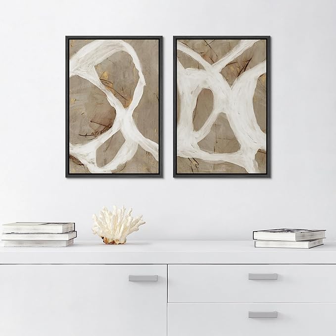SIGNFORD Framed Canvas Print Wall Art Set Abstract White and Beige Brushstrokes on Neutral Illustrations Modern Art Decorative Bohemian for Living Room, Bedroom, Office - 16"x24"x2 Black