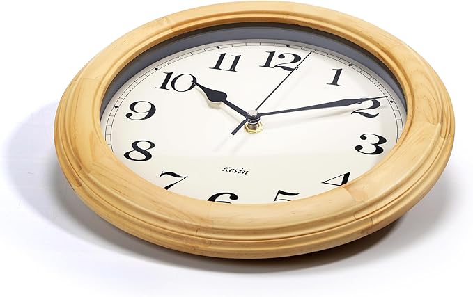Wooden Analog Wall Clock, 11 inches Round Wall Clocks Battery Operated Silent Non-Ticking, Large Roman Numerals, Traditional Design for Kitchen Living Room Classroom Gym, Natural Grain