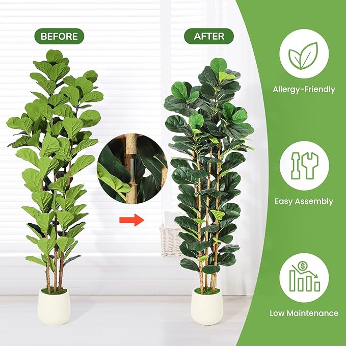 GarveeHome 7 ft Faux Fiddle Leaf Fig Tree with White Pot, Faux Trees with Artificial Plants 107 Fiddle Leaves Greenery - Lifelike Fake Tree for Home Office Store Room Decor Indoor Outdoor