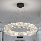 Dia 32" Ring Crystal Chandelier Modern Black Ring Chandelier Adjustable Height Luxury Crystal Pendant Ceiling Light Fixture for Dining Living Room Bedroom