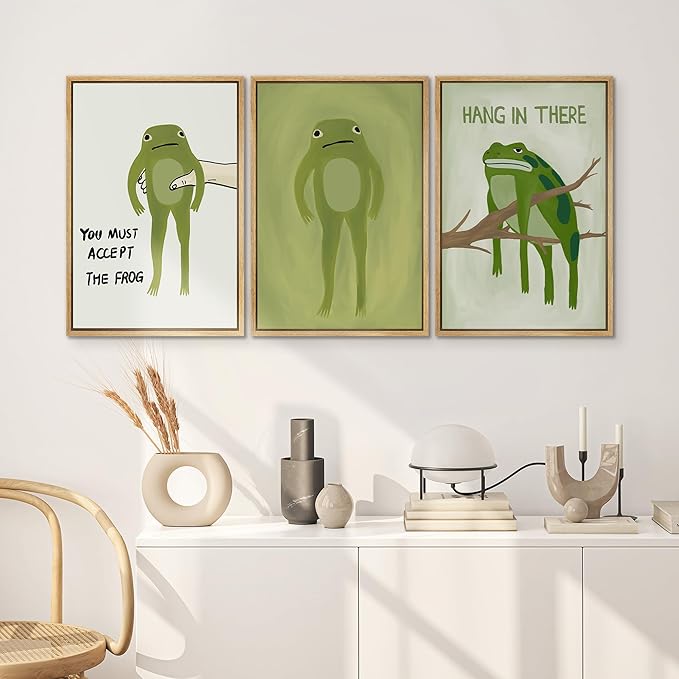 SIGNWIN Framed Canvas Print Wall Art Whimsical Frog Humorous Green Frog Photography Modern Art Minimalist Black and White for Living Room, Bedroom, Office - 16"x24"x3 Natural