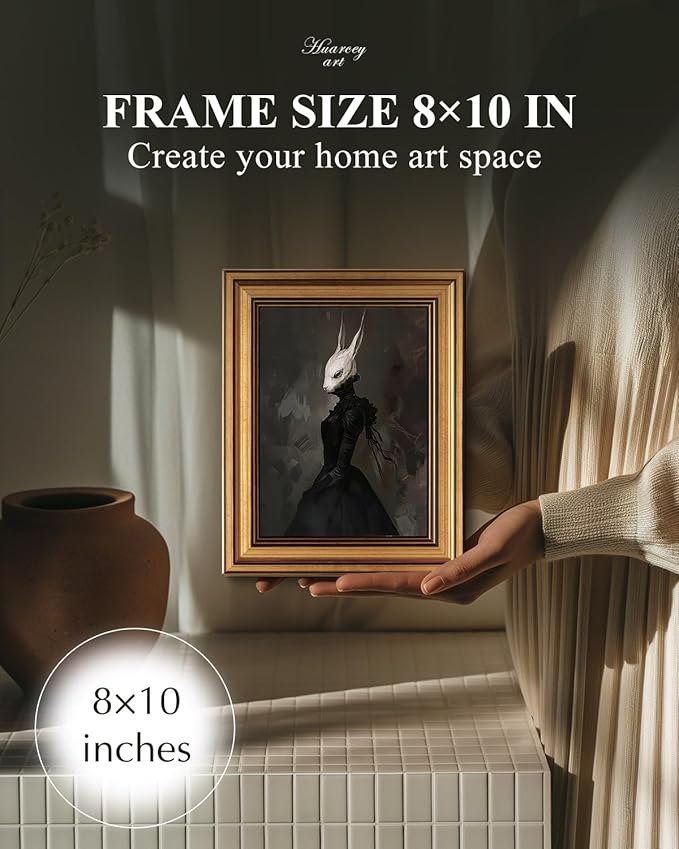 HUARCEY Gold Framed Vintage Wall Art Canvas Prints Gothic Room Decor Vintage Rabbit Lady Wall Decor, Aesthetic Dark Academia Halloween Pictures Oil Painting Goth Decorations 8x10in