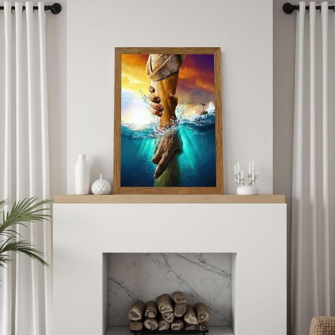 Solid wood Framed Jesus Christ Canvas Wall Art The Hand of God Jesus Reaching Into Water Christian Painting Prints Biblical Wall Decor Religious Room Decor for Church Prayer Room Schools 16'' x 24''