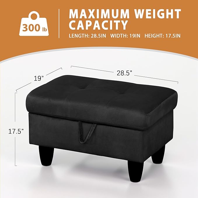 Ottoman Rectangular Storage Ottoman Bench, Flannel Footrest Stool Footstool with Lid for Living Room, Bedroom, Entryway, Black, 28.5"x19"x17.5"