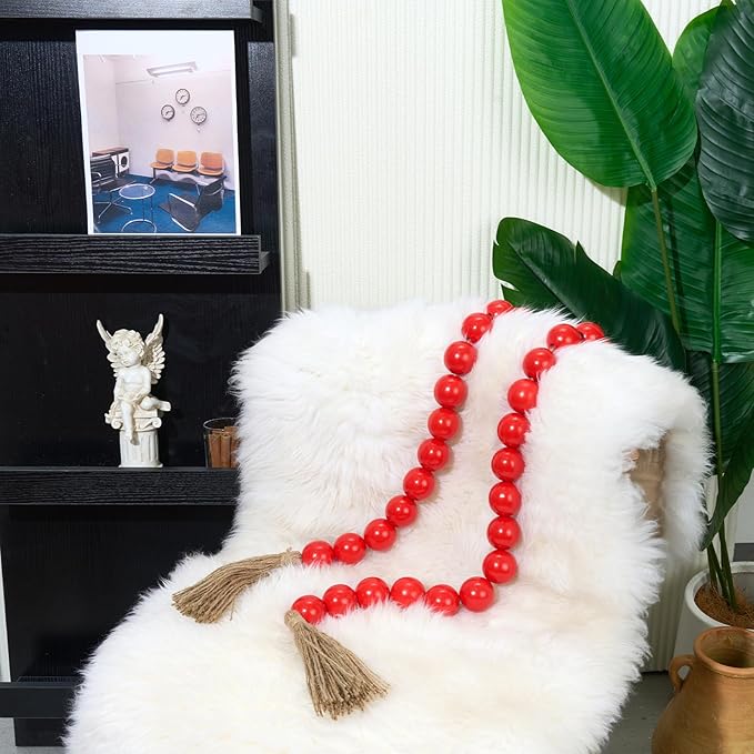 OMISHE 60" Long Large Wood Bead Garland with 1.6" Diameter Wooden Beads and Tassels, Rustic Farmhouse Country Wood Beads Garland for Home Tiered Tray Decor, Decorative Beads with Tassels Red