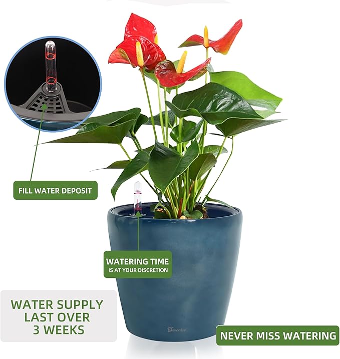 Dexceder 9x8 Inches Self Watering Planter Indoor Outdoor, Inner Pot Design, Thickened Table Flower Plant Pot with Water Level Indicator (Grayish Green Gradient)
