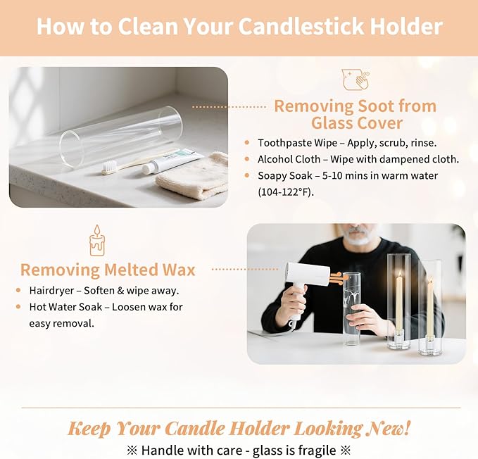 NUPTIO Candle Stick Candle Holder: Clear Glass Hurricane Candlestick Holders - Set of 6 Modern Taper Candle Stand with 11.8 inch Long Chimney Cover for Thanksgiving Christmas Fireplace Table Decor