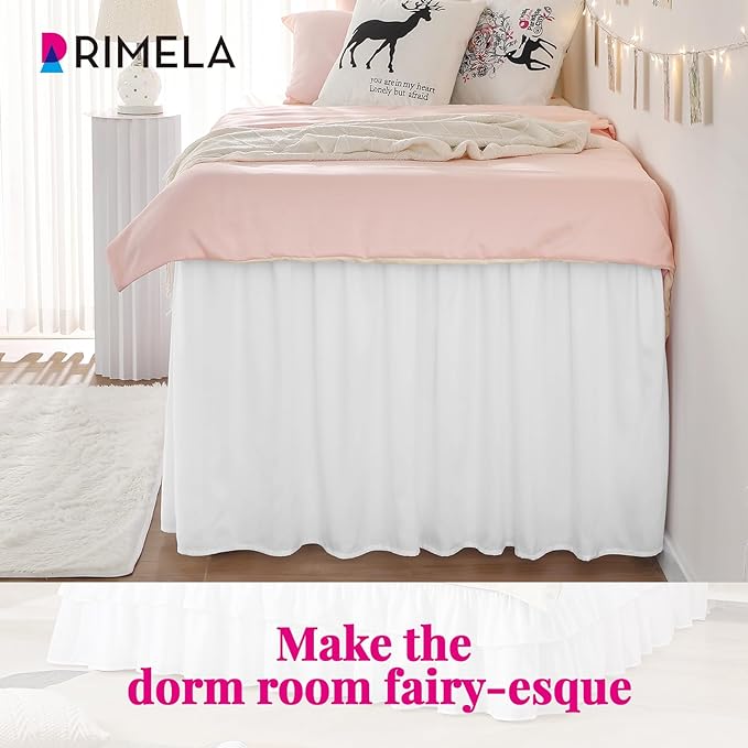 RIMELA Dorm Bed Skirt Twin XL 46 Inch Drop, Extra Long Wrap Around Elastic Bed Skirts Easy to Put On Twin Size Dust Ruffle, White Bedskirt for Adjustable Bed Base Solid Silky Fabric Machine Washable