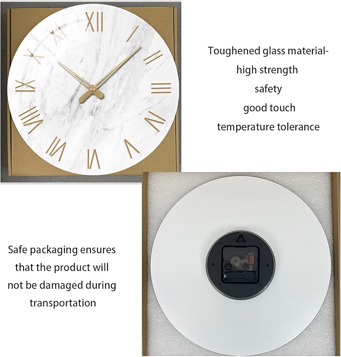 Round Marble Battery Wall Clock Modern 14 Inch White Minimalist Wall Clock for Kitchen Quartz Glass Slient Clock for Wall