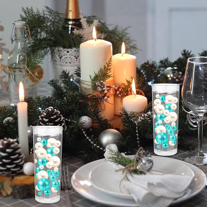 100PCS Teal White Faux Pearls Beads for Centerpiece Vases, Vase Filler Faux Pearls, No Holes Filler Beads for Party Anniversary Birthday Wedding Table Decor, 14/20/30mm