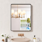 Black Bathroom Mirror 24X32 Inch, Black Metal Framed Mirror for Wall, Rounded Rectangle Matte Bathroom Vanity Mirror with Tempered Glass, Anti-Rust, Horizontal/Vertical