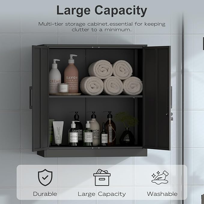 Metal Wall Cabinet,Garage Wall Cabinetwith Handle,Lockable Storage Cabinets Wall Mounted with 2 Doors,Locking Cabinet with Shelves for Basement,Living Home,Black