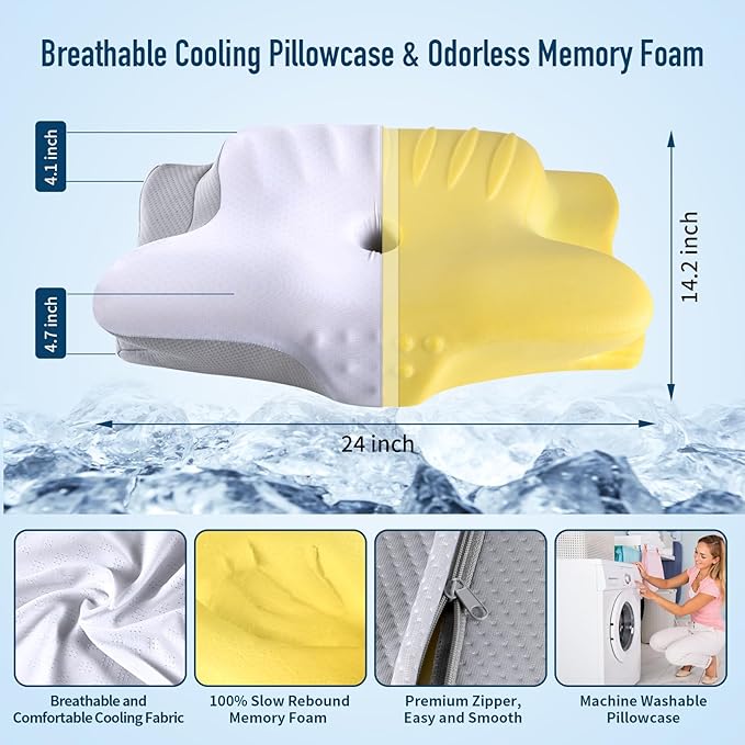 Memory Foam Pillows Cervical Neck Pillow for Neck Pain Relief, Contour Cooling Bed Pillow for Sleeping, Odorless Ergonomic Orthopedic Neck Support Pillows for Side Back Stomach Sleeper with Pillowcase