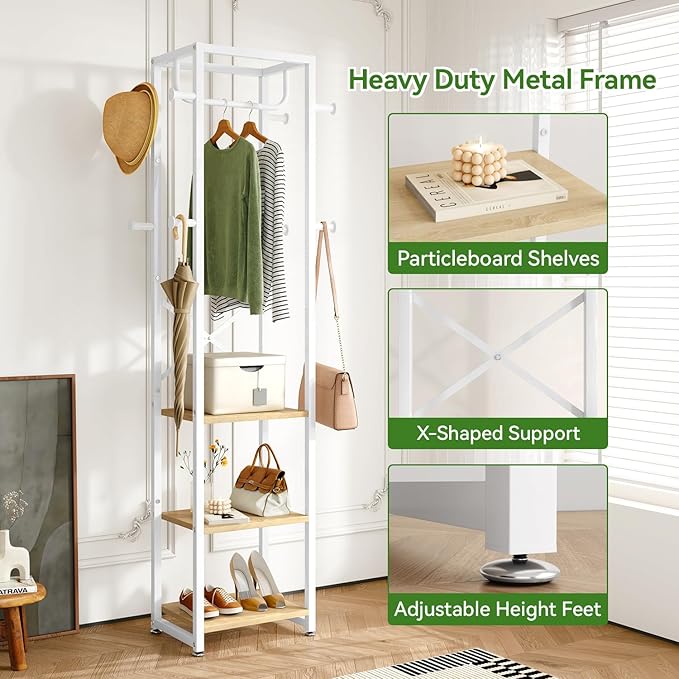 IBUYKE Coat Rack with Shelves, Freestanding Hall Tree with 3 Shelves and 8 Hooks, Industrial Clothes Stand for Entryway, Hallway, Bedroom, Natural UTMJ088R