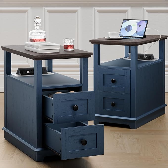 HIFYOBRO Narrow End Table with Flip Top Charging Station Set of 2, Side Table with 2 Drawers, Type-C & USB Port & Power outlets, Wooden Storage End Table for Living Room, Bedroom
