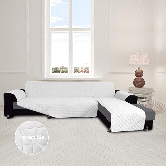 Easy-Going L Shape Sofa Slipcover - Sectional Couch Cover with Chaise & Reversible Sofa Cover for Pets & Kids (X-Large, White/White)