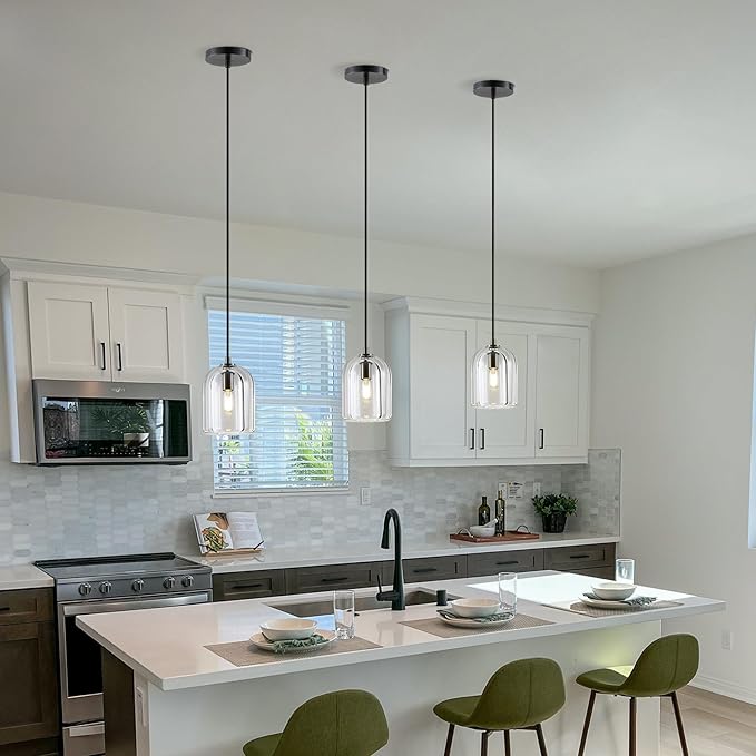 Pendant Light for Kitchen Island, Black Modern Crystal Glass Modern Pendant Lights, Dome Pendant Light in Kitchen Island, E12 Bulb Indoor Island Pendant Lights,for Dining Room,Living Room