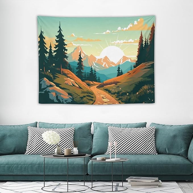 HZOHNAGO Mountain Tapestry Forest Mountain Sunrise Road Pattern Printed Wall Tapestry Wall Hanging for Bedroom Living Room Dorm 40" W x 30" H