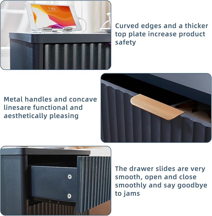 LEYAOYAO Fluted Nightstand Set of 2 with Charging Station,23" Modern Nightstand with Woodgrain Top, 3 Drawer End Table w/Storage, BedsideTables for Bedroom, Living Room, Curved Profile,Blue