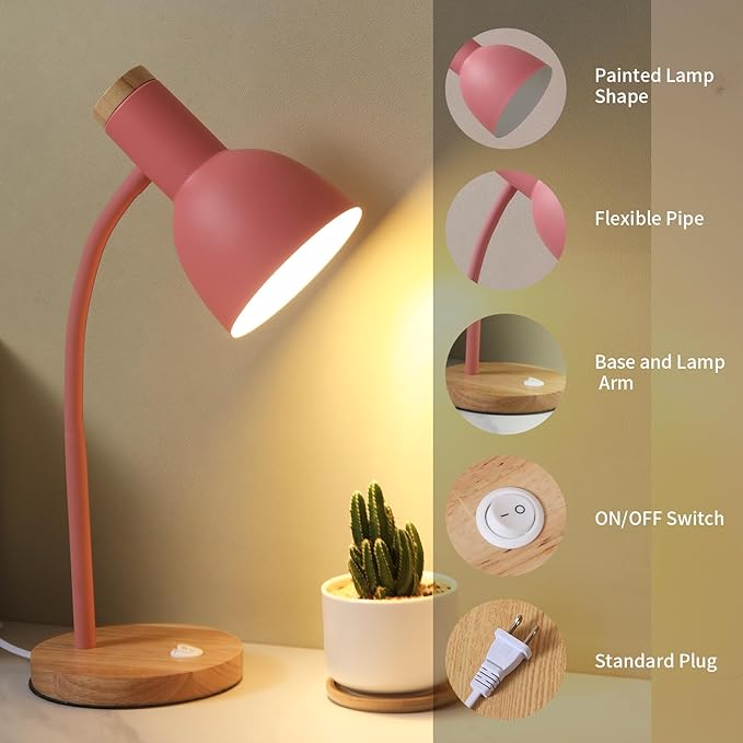 Table Lamp,Wooden Adjustable Desk Lamp,Dorm Lamp&Bedside Lamp for Living Room, Bedroom, Kids Room (Pink)