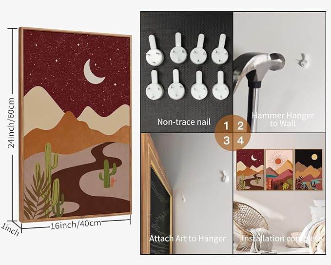 SIGNINART Boho Desert Framed Canvas Wall Art Set of 3, Colorful Sun and Moon Art Prints, Bohemian Modern Cactus Art Paintings, Southwestern Landscape Wall Decor for Living Room, Bedroom, Office 16"x24"