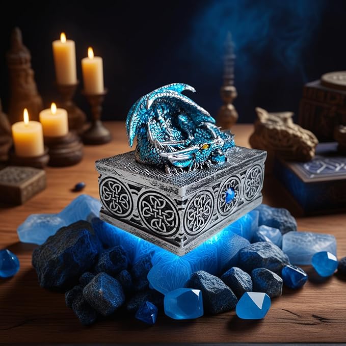 Dragon Statue Jewelry Box, Medieval Fantasy Myth Dragon With Cover Treasure Box, Dragon Statue Decoration Collection Gift Box. (Blue)