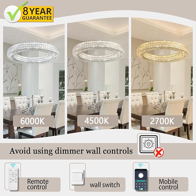 Dia 24" Modern Crystal Chandelier Silver Ring Chandelier Adjustable Height Luxury Crystal Pendant Ceiling Light Fixture for Dining Living Room Bedroom