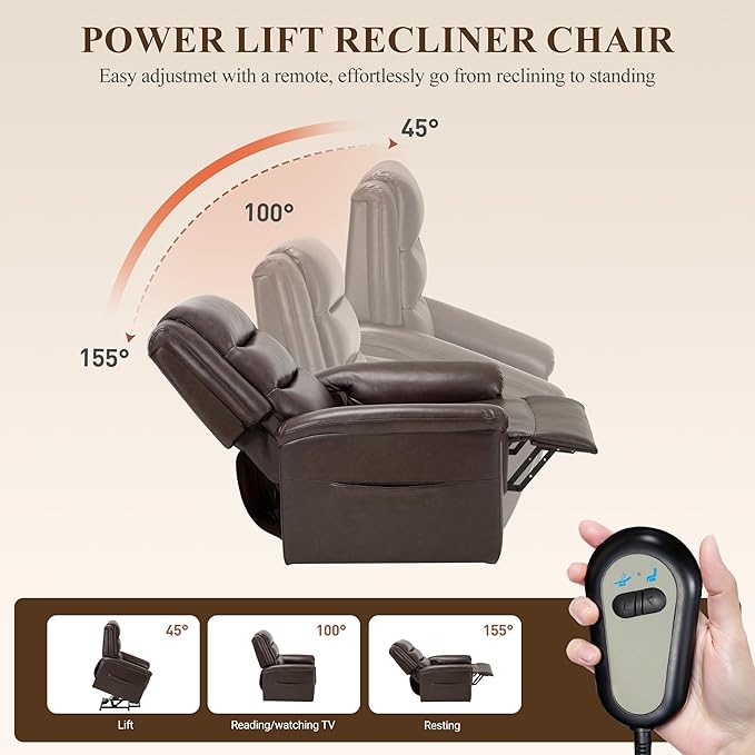 COLAMY PU Leather Power Lift Chair with Massage and Heat,Electric Lift Recliner Chair with Thick Cushioned Padding Backrest for Living Room, Office, Bedroom -Darkbrown