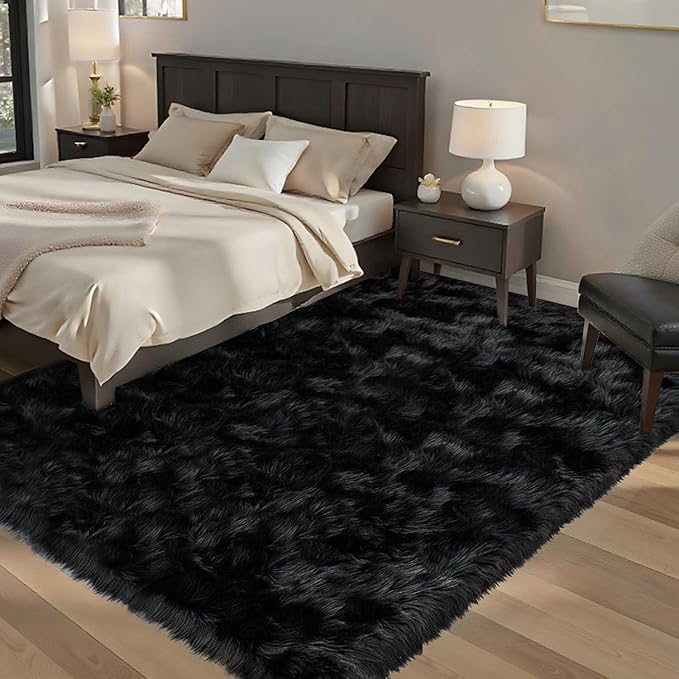 Latepis Black Shag Rugs 8x10, Faux Fur Sheepskin Rug for Living Room, Fluffy Washable Rug for Bedroom, Dorm, Luxury Room Decor, Rectangle
