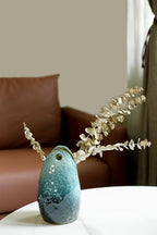 Rustic Pottery Ceramic Vase - Vintage Farmhouse Style Decor, White Grid Ceramic Vases for Home Decor, Modern Farmhouse Decor (Blue)