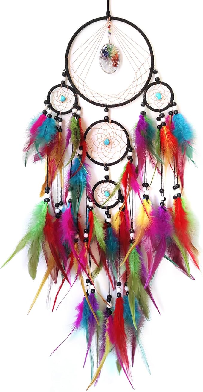 Colorful Large Dream Catcher Wall Decor Feather Dream Catchers with Crystal Tree of Life Pendant Handmade Dreamcatcher Wall Hanging Ornament for Bedroom Living Room Home Decor