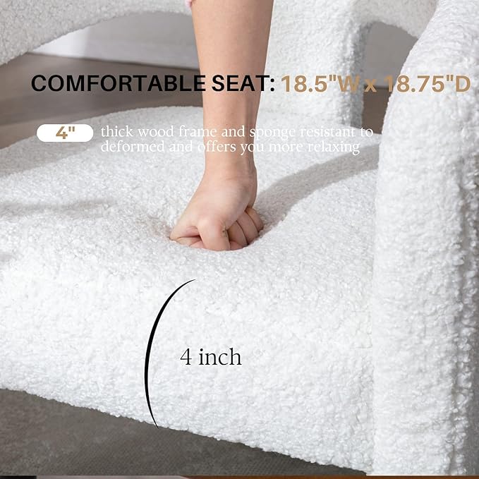 White Boucle Dining Chairs Set of 6, Modern Barrel Dining Room Chairs Upholstered Faux Fur Accent Chair with Arms and Round Back for Living Room Kitchen Armchair No Assembly Needed