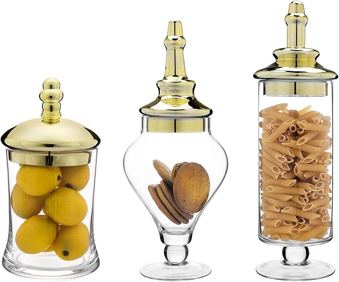 MyGift 3 Piece Set Antique Clear Glass Bathroom Apothecary Jars with Lid, Wedding Centerpiece, Kitchen Storage Jars with Metallic Brass-Tone Lids