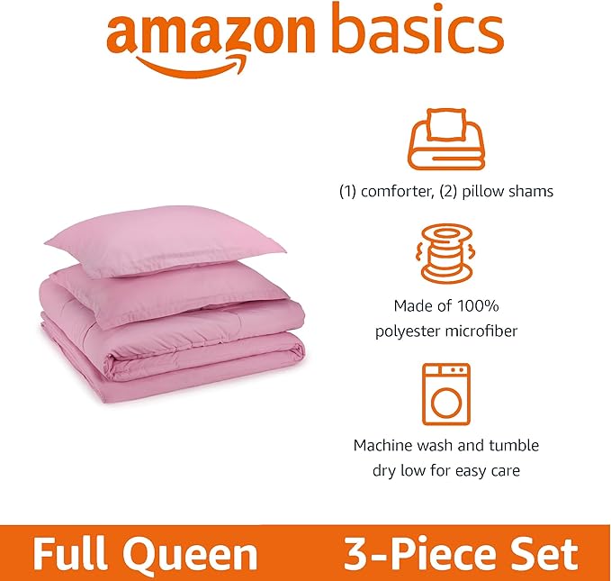 Amazon Basics 3 Piece Soft Microfiber Kid's Comforter and Pillow Sham Set, Full/Queen, Light Pink, Solid