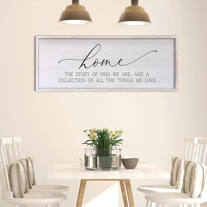 Home The Story of Who We Are Sign Farmhouse Family Wall Decor 32x12 Inch Plaque Wood Framed Art for Hanging (White)