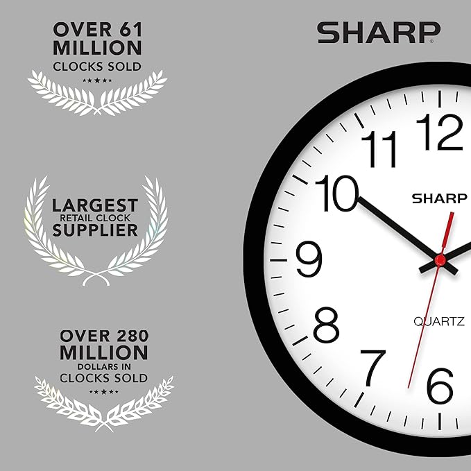 Sharp Wall Clock – Black, Silent Non Ticking 14 Inch Quality Quartz Battery Operated Round Easy to Read Home/Kitchen/Office/Classroom/School Clocks, Sweep Movement