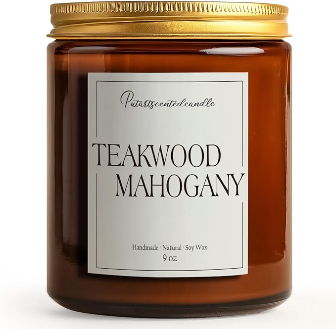 Mahogany & Teakwood Highly Scented Candles for Home, 9oz Natural Soy Aromatherapy Organic Candle with Essential Oil, Home Fragrance Stress Relief & Meditation Jar Candles Gifts for Men Women