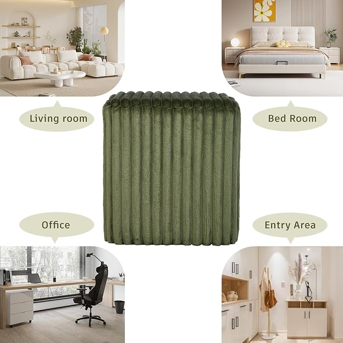 Modern Square Ottoman 2Pcs, Vertical Channel Tufted Foot Stool Ottoman, Velvet Upholstered Vanity Stool for Makeup, Bedroom, Living Room, Dark Green