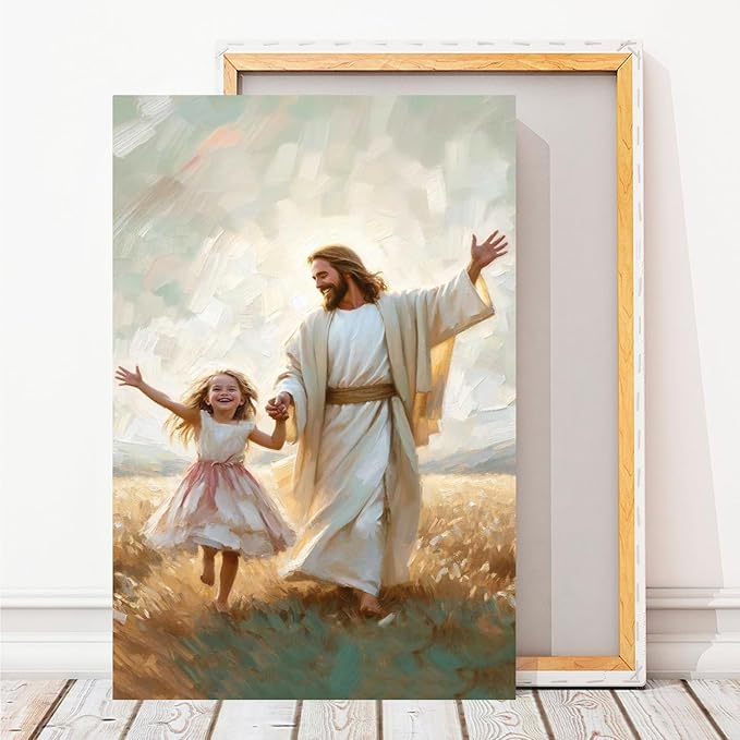 XWNLTEPK Dancing Day Christian Painting Jesus With Girl Christian Wall Art Bible Jesus Dancing With Little Girl Print Canvas Wall Art Poster