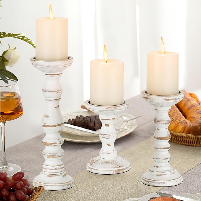 Romadedi Wood Candle Holders for Pillar Candles - Set of 3 Tall Farmhouse Wooden Candlestick Holder, Rustic Candle Stand for Fireplace Mantle Shelf Table Home Decor, Brown Whitewashed 6"/ 8.3"/11.8"