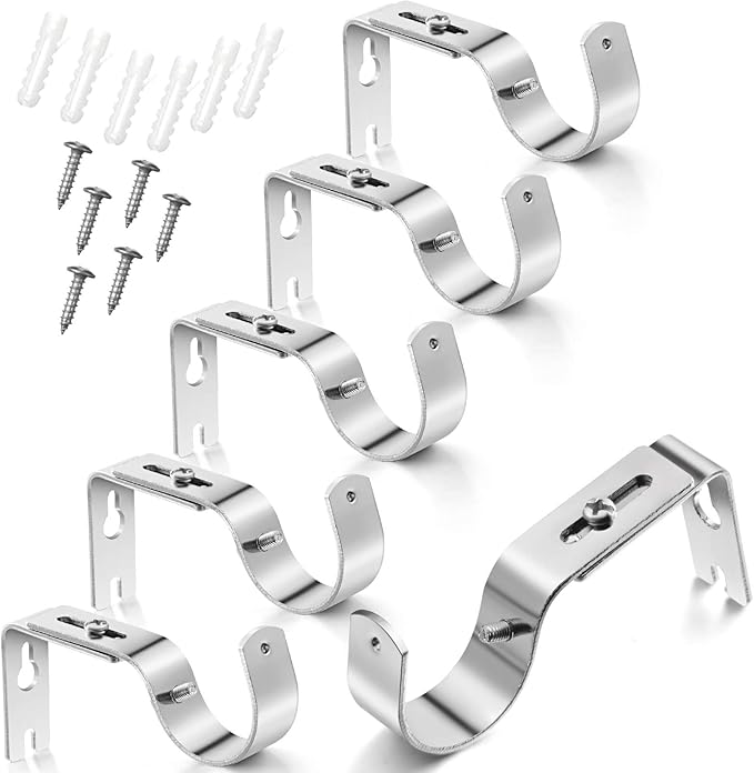 Frienda 6 Pcs Curtain Rod Brackets Adjustable Holder Wall for 1 Inch Diameter Curtain Rod General Bracket Hooks with Screws (Silver)