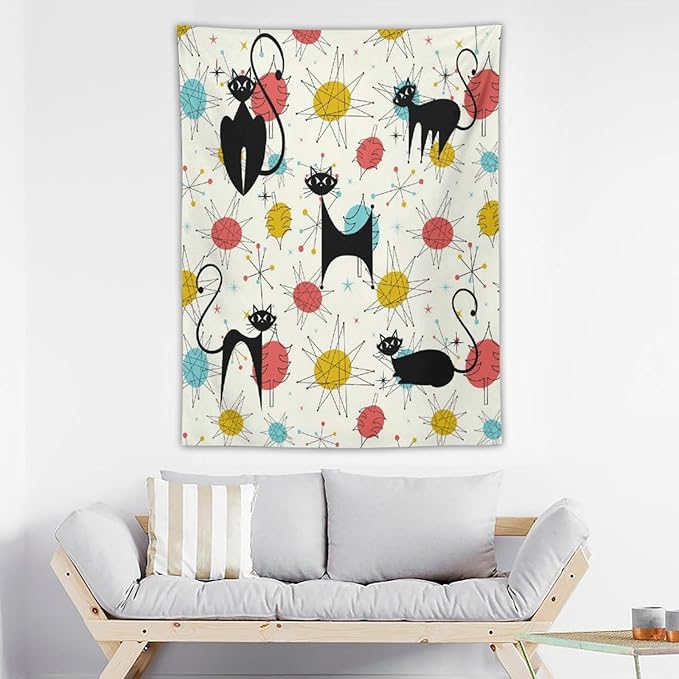 ICMOLYYENLO Abstract Cat Tapestry, Medieval Abstract Atomic Star Cat Vintage Home Wall Hanging Art Tapestry for Bedroom Living Room Dormitory 40x60 Inch