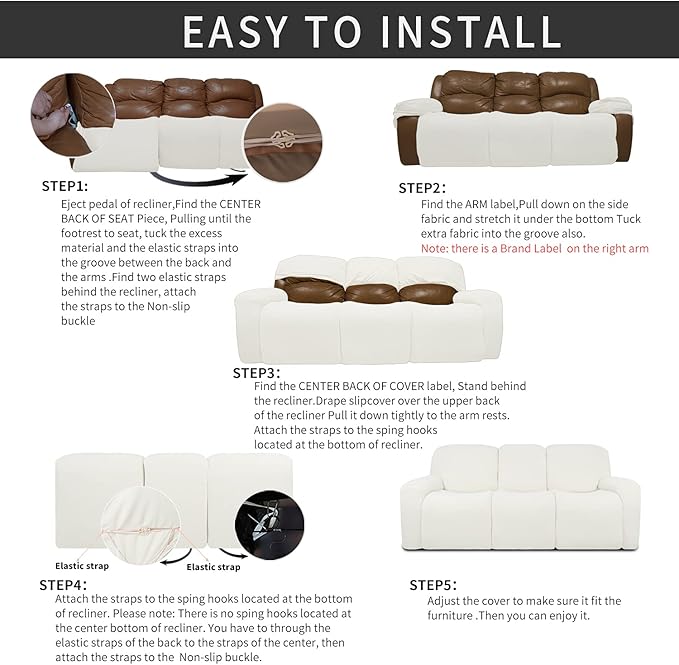 Easy-Going 8 Pieces Recliner Sofa Stretch Sofa Slipcover Sofa Cover Furniture Protector Couch Soft with Elastic Bottom Kids, Spandex Jacquard Fabric Small Checks Cream