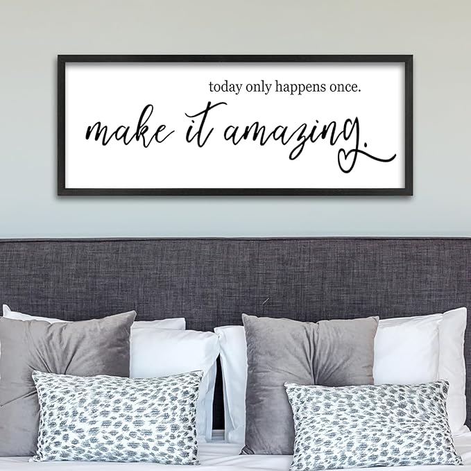 Inspirational Wall Art Today Only Happens Once Make It Amazing Sign 32"×12" Motivational Quote Farmhouse Positive Decor for Home Office Living Room Large Wood Framed Hanging (Black)