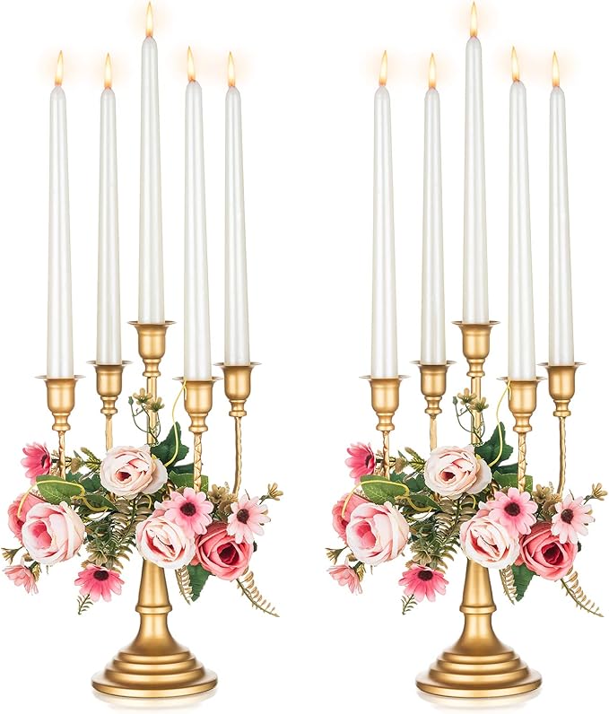 NUPTIO Gold Candelabras Candle Holder Set of 2 Metal Candelabra Centerpieces 5 Branches Candle Stick Stands Candleholder Fireplace Wedding Reception Antique Decorative Dinning Table Christmas