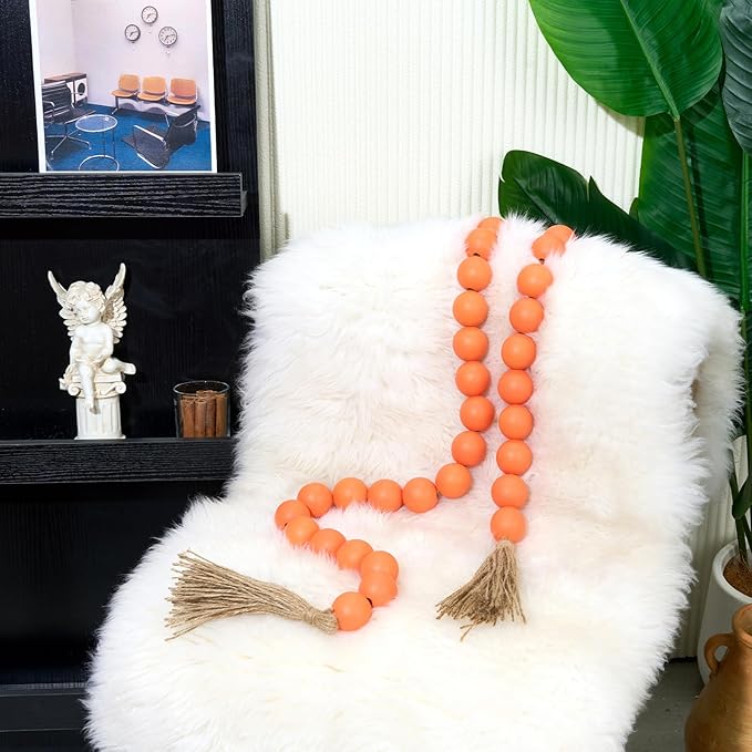 OMISHE 76" Long Large Wood Bead Garland with 1.6" Diameter Wooden Beads and Tassels, Rustic Farmhouse Country Wood Beads Garland for Home Tiered Tray Decor, Decorative Beads with Tassels Orange